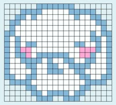 a blue and white cross stitch pattern with pink squares on the bottom, in different colors