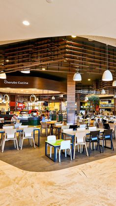 the inside of a restaurant with many tables and chairs in it's center area