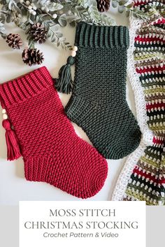 two crocheted christmas stockings next to pine cones and evergreen needles with text that reads moss stitch christmas stocking