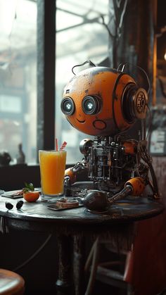 an orange juice sitting on top of a table next to a robot