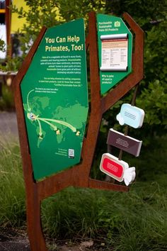 there is a sign that has information about the different things in this area and it says you can help primates, too