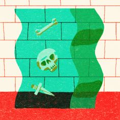 a drawing of a skull in the middle of a brick wall with razors stuck to it