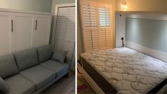 before and after photos of a mattress in a room with built - in closets