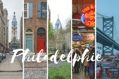 a collage of photos with the words philadelphia written in different languages and pictures of buildings