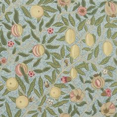 An abundance of ripened pomegranates hang from the branches of an overflowing tree amongst flora and fauna, printed over fine branches to give the design greater depth. One of the earliest Morris wallpaper designs first produced in 1864, it has been reproduced in original colorways and updated with modern mica printing inks to create metallic finishes. Sold per roll. **2 roll minimum** Dimensions: Length 11ydWidth 20.5inVertical Repeat 21.3in Details: Requires paste for hanging. We recommend pro Wm Logo, William Morris Wallpaper, Green Dining Room, Morris Wallpapers, Fruit Wallpaper, Whatsapp Wallpaper, Historical Design, Turquoise Background, South Kensington