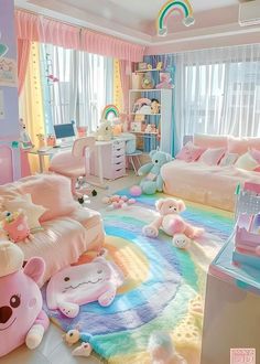 this is a bedroom with pastel colors and teddy bears on the floor, rainbow rug