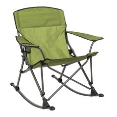 a green folding lawn chair with wheels and footrests on an isolated white background