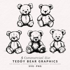 four teddy bears sitting in different positions with the text 5 commercial use teddy bear graphics