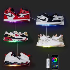 four pairs of sneakers are connected to an appliance with the same color light