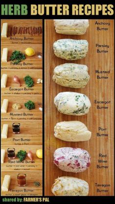 an image of different types of breads on a cutting board with the words herb butter recipes