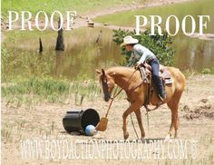 a man riding on the back of a brown horse next to a pond and bucket