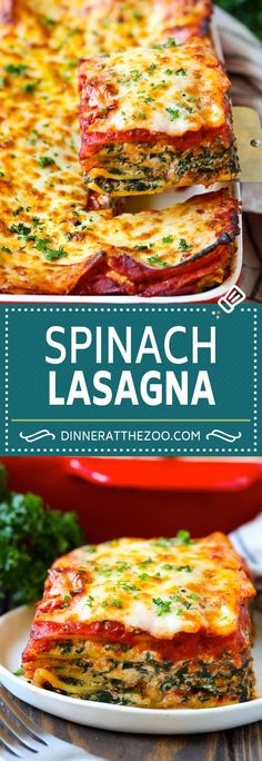 spinach lasagna on a plate with text overlay