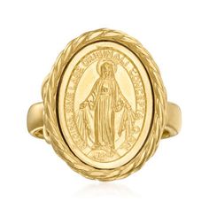 a gold ring with an image of the virgin mary on it's center piece