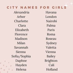 city names for girls are shown on a pink background with white stars and the words,'city names for girls '