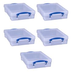 four plastic storage boxes with handles on each side