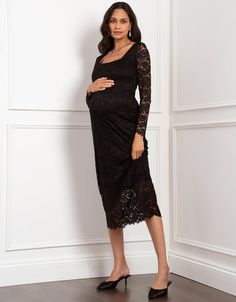 Midi, dress, midi dress, maternity, maternity dress, lace, stretch, bodycon, lined, scallop hem, square neck, soft, tailoring, black, thalia Elegant Maternity Midi Dress, Elegant Fitted Midi Dress For Maternity, Elegant Midi Maternity Dress For Party, Elegant Fitted Maternity Dress, Elegant Maternity Lace Dress, Elegant Lace Maternity Dress, Elegant Fitted Maternity Midi Dress, Elegant Fitted Midi Maternity Dress, Elegant Maternity Dresses With Scalloped Lace