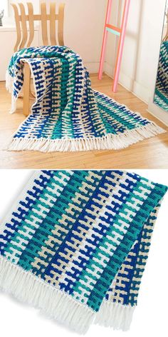 a blue and white blanket sitting on top of a wooden chair next to a ladder