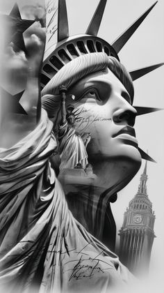 the statue of liberty is shown in black and white