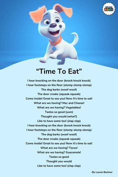 a cartoon dog with the words time to eat on it's back ground,