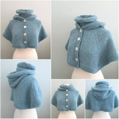 four pictures of a blue knitted sweater with buttons on the front and back, all in different angles