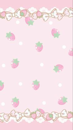 a pink background with white polka dots and strawberries on the border, as well as bows