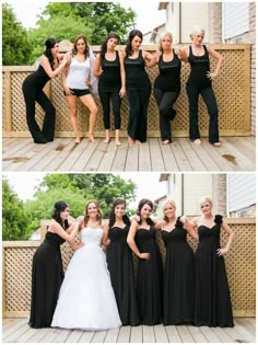 two pictures of women in black dresses and one has her arms around the other woman