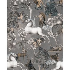 an image of a wallpaper with horses and trees on it's side, in grey