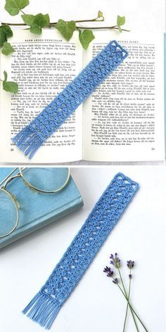 an open book with glasses and a blue crochet scarf on top of it