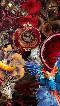 an assortment of colorful bird and flower decorations