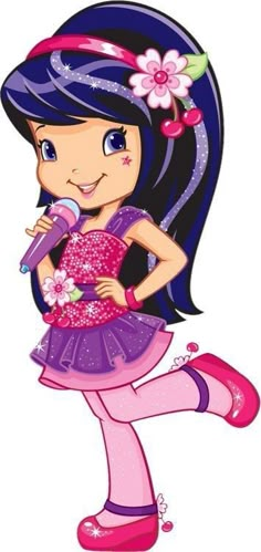 a cartoon girl with long black hair and pink dress holding a microphone in her hand