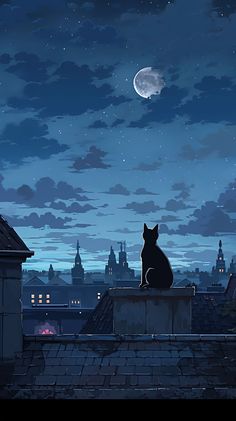 a cat sitting on top of a roof looking at the moon in the night sky