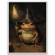 a frog wearing a witches hat and holding a lit candle in its hand with fire coming out of it