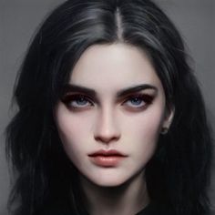 a woman with long black hair and blue eyes is shown in an artistic portrait photo