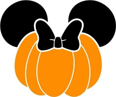 an orange pumpkin with a minnie mouse head on it's top and black ears