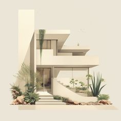 an architectural rendering of a house with plants and rocks in the front yard, as well as steps leading up to it