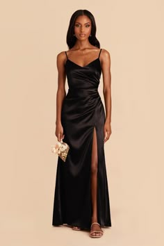 Asymmetrical ruching brings the red carpet energy to this stunning satin bridesmaid dress. Catherine is equal parts blushing bridesmaid and knockout Bond Girl. | Black Bridesmaid Dress Shiny Satin Size 1X | Birdy Grey Catherine Black Bridemaid Dresses, Satin Black Bridesmaid Dresses, Black Mismatched Bridesmaid Dresses, Black Satin Bridesmaid Dresses, Black Tie Dress Code Women, Black Satin Bridesmaid Dress, Bridesmaid Dresses Black, Black Bridesmaid Dress, Black Tie Dress Code