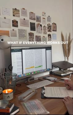 a person sitting at a desk with two computer screens on it, and the caption reads what if everything works out?