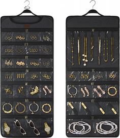 two large black storage cases filled with different types of necklaces and bracelets on hangers