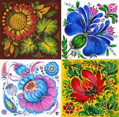 four different colored flower designs on white paper