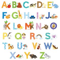 the alphabet is made up of animals and letters with different colors, shapes, and sizes