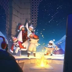 an animated christmas scene with santa and other characters around a campfire