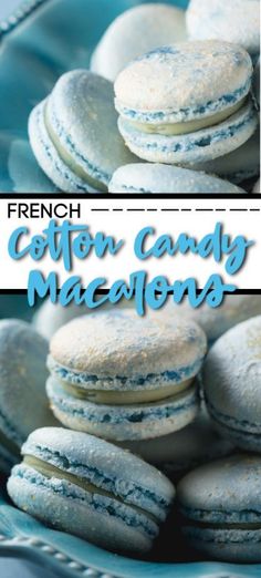 french cotton candy macarons are stacked on a blue plate with the words, french cotton candy macaroons