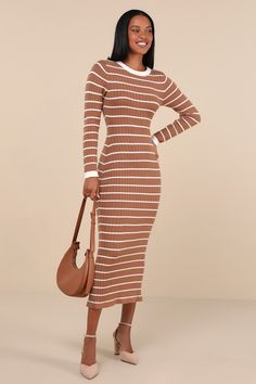 Slip on the Lulus Ever So Effortless Light Brown Striped Ribbed Midi Sweater Dress for the easiest (and cutest) OOTD! Soft and stretchy ribbed knit, with a white striped design, shapes this fall-ready dress with a crew neckline, long sleeves, and a fitted bodice. The figure-flaunting silhouette hugs your curves just right as it continues into a column midi skirt. Classic kick pleat at back completes the look. Fit: This garment fits true to size. Length: Mid-calf length. Size medium Bust: Great f Ribbed Bodycon Midi Dress For Day Out, Brown Ribbed Midi Sweater Dress, Brown Ribbed Stretch Sweater Dress, Brown Stretch Ribbed Sweater Dress, Stretch Ribbed Brown Sweater Dress, Day Out Fitted Ribbed Bodycon Dress, Brown Ribbed Sweater Dress For Spring, Spring Brown Ribbed Sweater Dress, Brown Ribbed Stretch Dresses