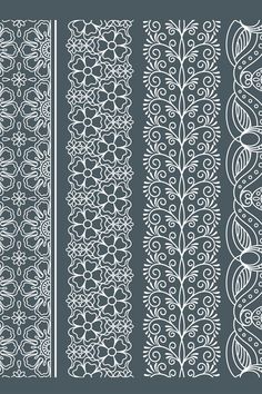 four different types of decorative borders and dividers in white on a gray background, each with