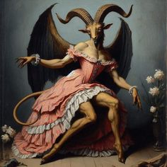 a painting of a demon sitting on top of a woman's body with long horns