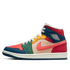 Are you ready to make a statement in the Air Jordan 1 Mid SE Womens Multi Color Silhouette? This standout footwear is designed to turn heads. Featuring creamy-colored layered tongue and midfoot components, accentuated with a multicolored rainbow of vibrant colors, this silhouette is a sight to behold. The ankle section boosts patriotic red, white, and blue elements, while toe boxes introduce crimson tones, allowing navy accents to stand out along the forefoot strip. Celebrate your uniquely stylish look with the Jumpman emblem atop a white midsole and navy outsole – it’s time to live life in brilliant color. Get noticed with the Air Jordan 1 Mid SE Womens Multi Color 2022 Silhouette. (AJ1/SNKR/Retro/Mid Top/Women's/Leather/Basketball) Multicolor High-top Sneakers With Cushioned Footbed For Streetwear, Colorful Jordan 1, Multicolor High-top Sneakers With Cushioned Footbed, Colorful Jordans, Wmns Air Jordan 1, Cool Nikes, Air Jordans Women, Christian Shirts Designs, Navy Accents