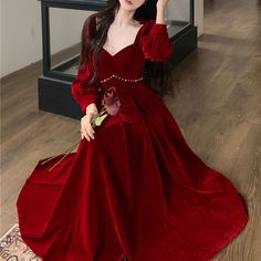 Engagement Dress for Women 2023 Autumn Winter Red Velvet Long Sleeve Evening Gown  Party Elegant Red Winter Dresses, Long Sleeve Evening Gowns, Long Red, Engagement Dresses, Winter Dresses, Bride Dress, Red Velvet, Evening Gowns, Fall Winter