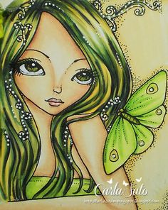 a drawing of a girl with green hair and butterfly wings