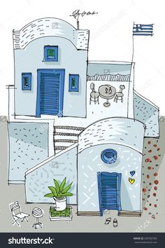 an illustration of a house with blue shutters and potted plants on the outside