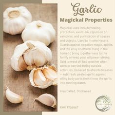 garlic on a wooden table with text describing it's benefits for hair and skin